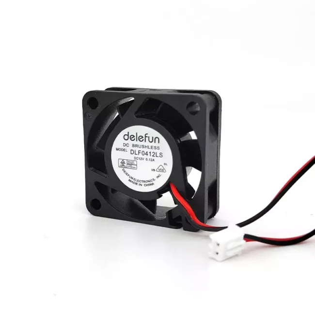 Delefun 4015 12V 0.12A DC cooling fan side view 1: Black square 40x40x12mm brushless DC fan showing side profile with square frame, circular mounting holes in corners, fan blades visible through protective grille, and power specifications label displaying "12V 0.12A". The fan housing features smooth black plastic construction with rounded edges and ventilation slots.