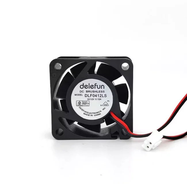 Delefun 4015 12V 0.12A DC cooling fan rear view: Back side of 40x40x12mm fan showing motor housing, power cable connection, mounting bracket details, and technical label with specifications. The black frame reveals internal structure and cable routing with strain relief protection.