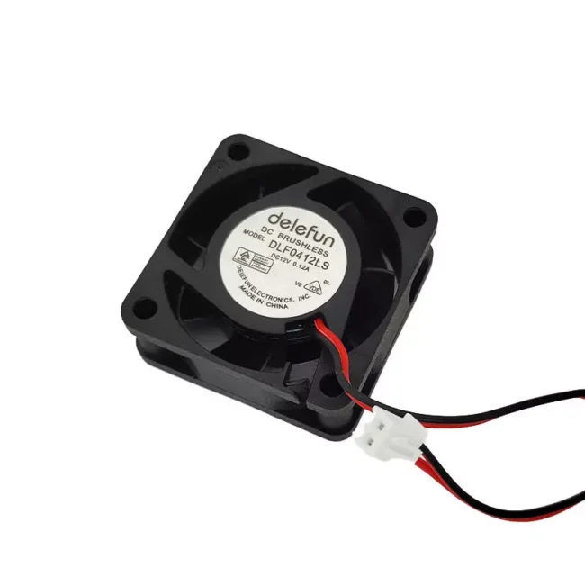 Delefun 4015 12V 0.12A DC cooling fan top/bottom view: Overhead perspective of 40x40x12mm square fan showing complete frame structure, four corner mounting holes alignment, protective grille pattern, and central hub design. The 12mm thickness and square dimensions are clearly visible from this angle.