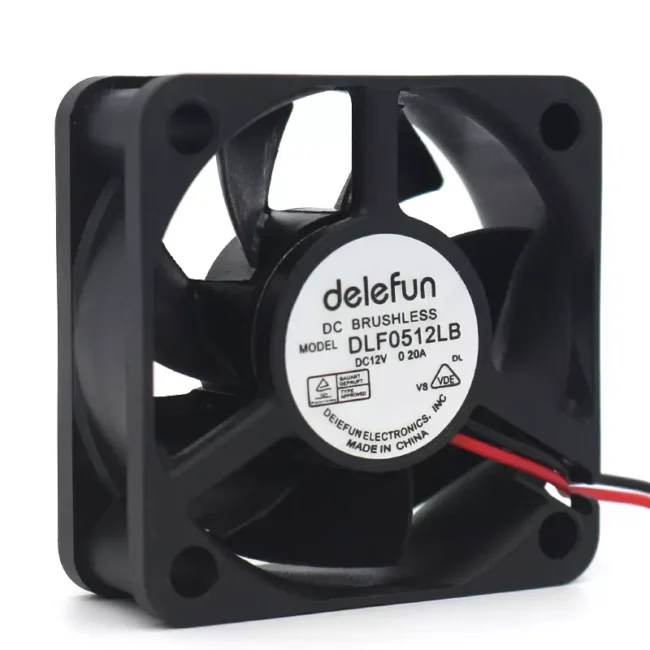 Delefun 5020 brushless DC fan 50x50x20mm: High-quality cooling fan showing square black housing, radial fan blade design, protective mesh grille, corner mounting system, and power cable connection. Brand logo and "5020 12V 0.2A" specifications prominently displayed.