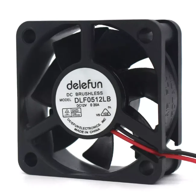 Delefun 5020 12V DC fan product image: 50x50x20mm square cooling fan with black frame, visible fan blades through grille, mounting holes, motor housing, and specification label. Professional industrial design for electronic cooling applications.