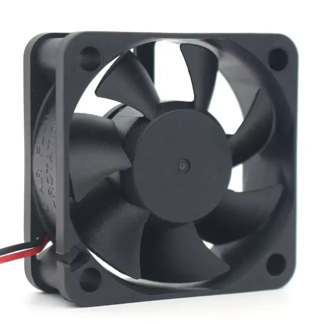 Delefun 5020 50x50x20mm DC cooling fan: Black square frame with rounded edges, circular grille pattern, central hub with fan blades, corner mounting points, and power rating label showing 12V 0.2A specifications.