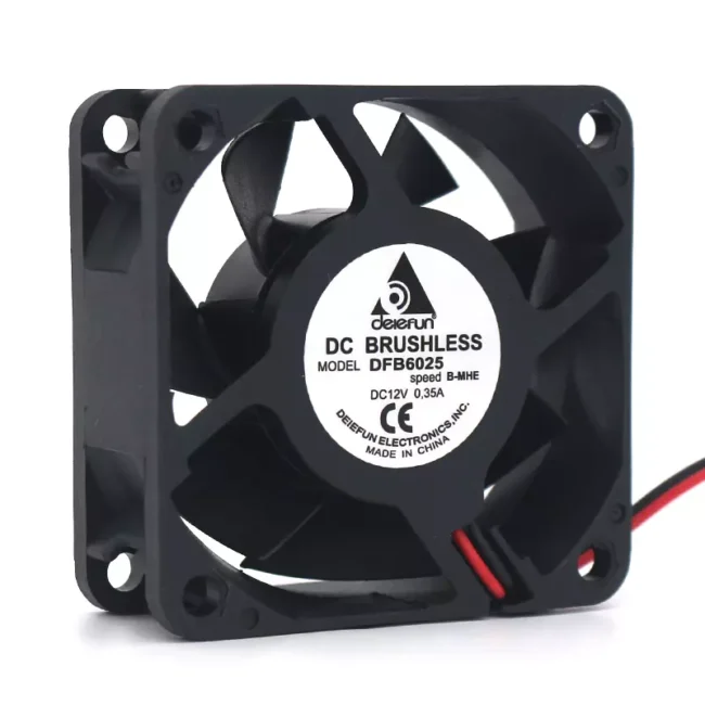 Delefun 6025 DFB6025 12V 0.35A DC cooling fan: Compact 60x60x25mm brushless DC fan with black square frame, circular protective grille, multiple fan blades, and four corner mounting holes. Specifications label displays "12V 0.35A" with brand name, model number "6025" and product code "DFB6025" clearly visible.