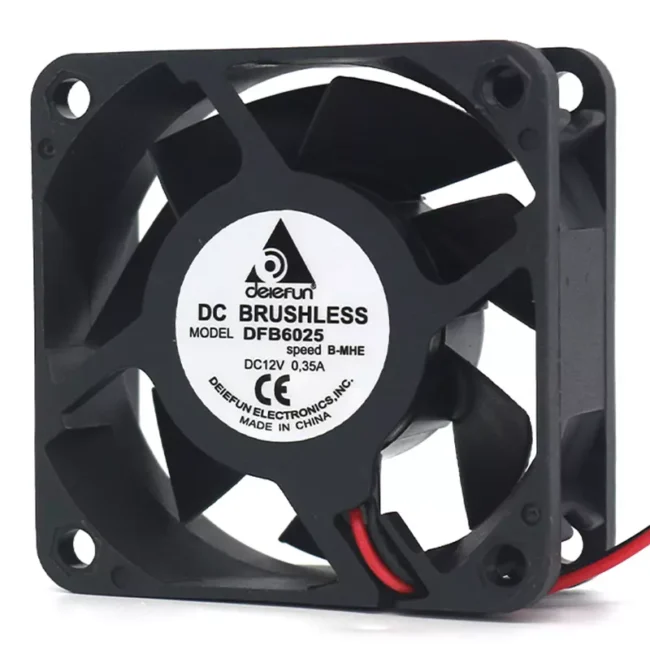 Delefun 6025 DFB6025 brushless DC fan 60x60x25mm: High-quality cooling fan showing square black housing, radial fan blade design, protective mesh grille, corner mounting system, and power cable connection. Brand logo and "6025 DFB6025 12V 0.35A" specifications prominently displayed.
