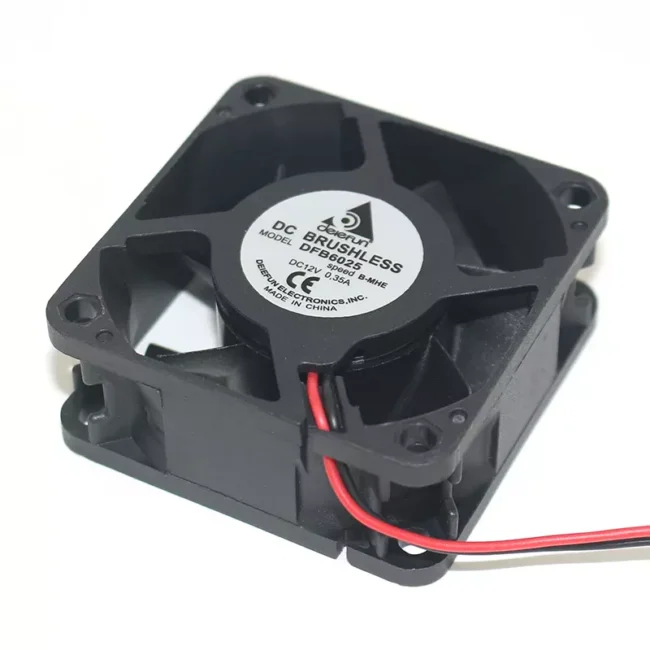 Delefun 6025 DFB6025 12V DC fan product image: 60x60x25mm square cooling fan with black frame, visible fan blades through grille, mounting holes, motor housing, and specification label. Product code "DFB6025" and model "6025" clearly marked. Professional industrial design for electronic cooling applications.