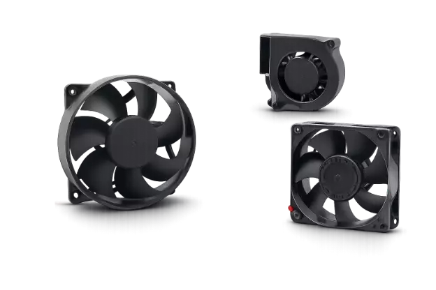 DC cooling fan with PWM speed control for electronics and power supplies, variable-speed operation, low-voltage 12V/24V operation