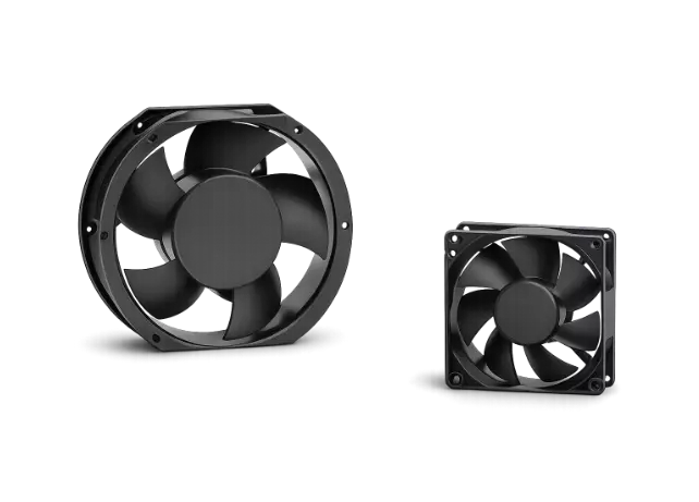 EC electronically commutated cooling fan with integrated control electronics, dual AC/DC input, energy-efficient variable-speed operation